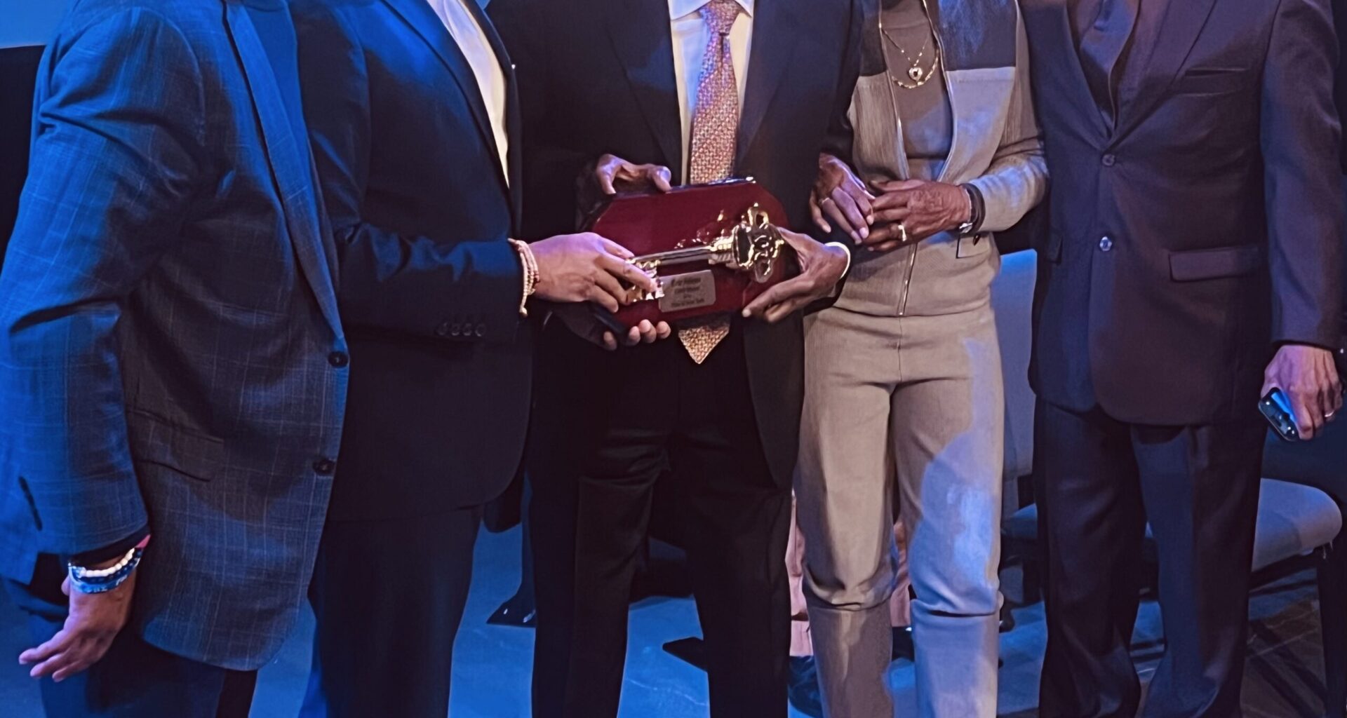 From left: Darryl Towns, Mayor Eric Adams, Ed Towns, Gwendolyn Towns and Harvey Everette. Brooklyn Eagle photo by Wayne Daren Schneiderman