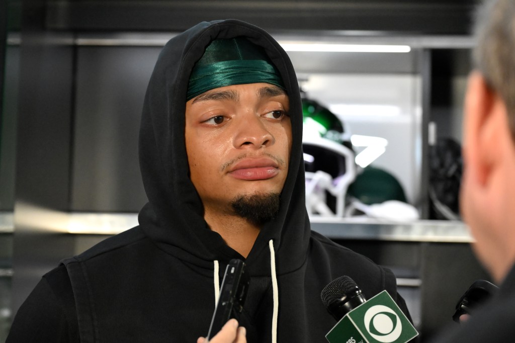 Jets quarterback Justin Fields speaks to the media after practice in Florham Park, NJ.