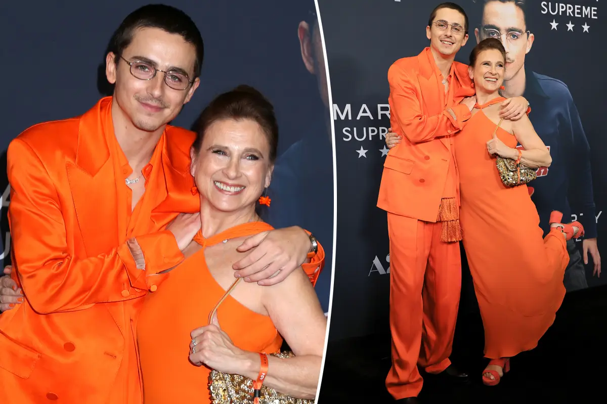 Timothée Chalamet and mom twin in 'Marty Supreme' orange at NYC premiere