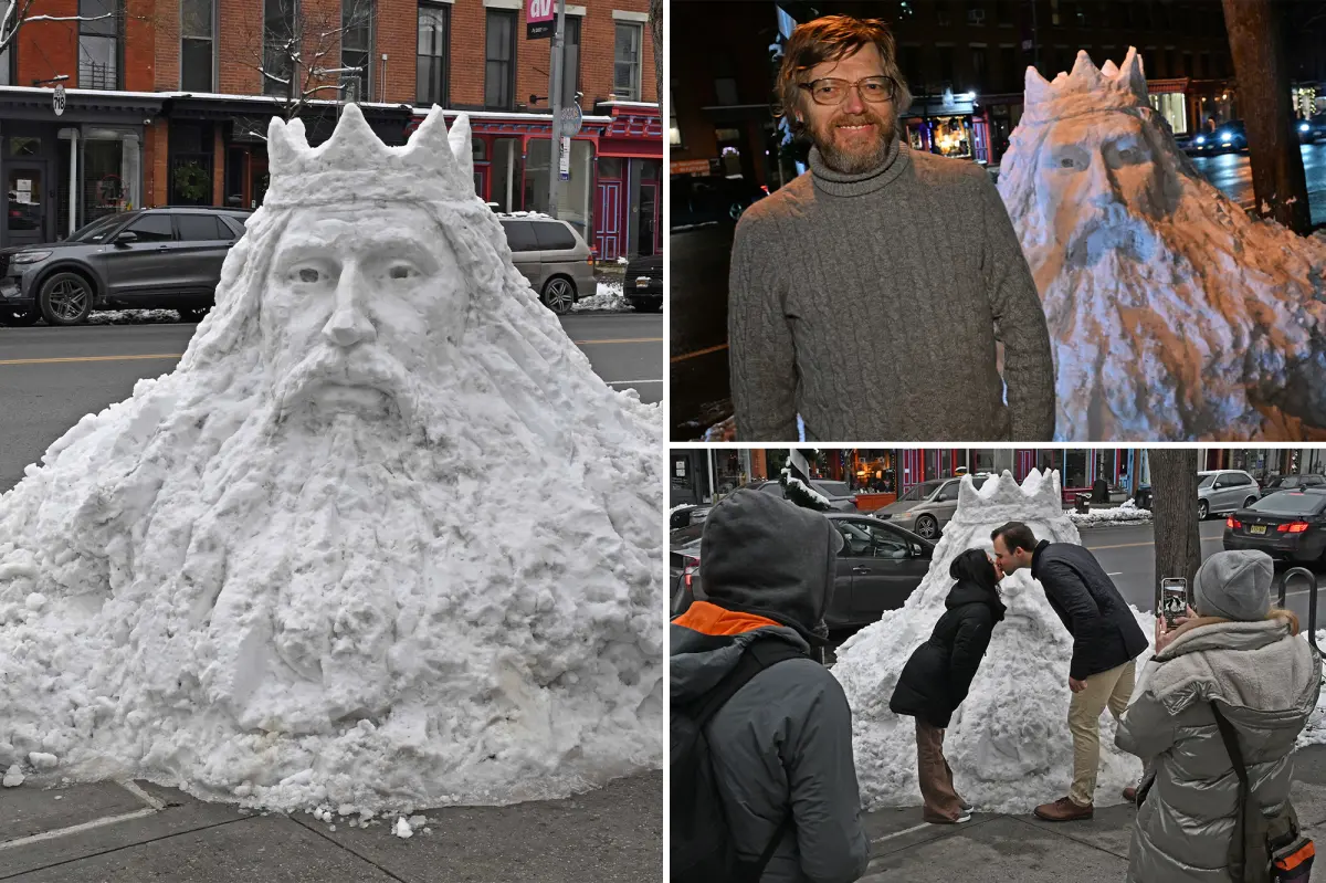 NYC snow pile carved into ‘crazy’ Snow King sculpture –now it’s a tourist attraction