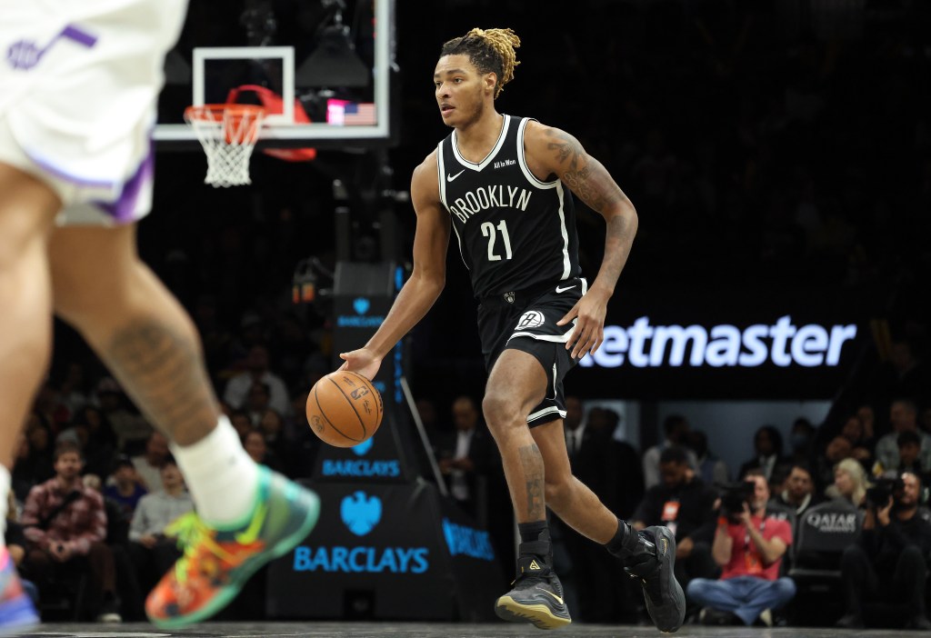 Noah Clowney of the Brooklyn Nets drives down court.