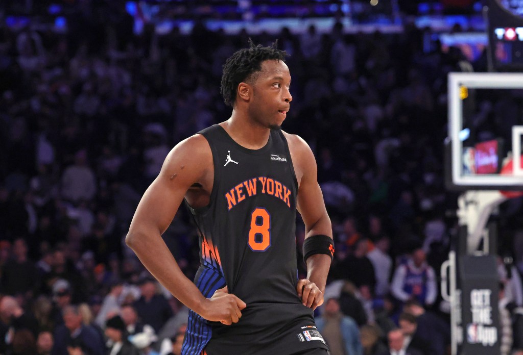 New York Knicks forward Og Anunoby #8 reacts on the court late during the fourth quarter. The New York Knicks lose to the Philadelphia 76ers.