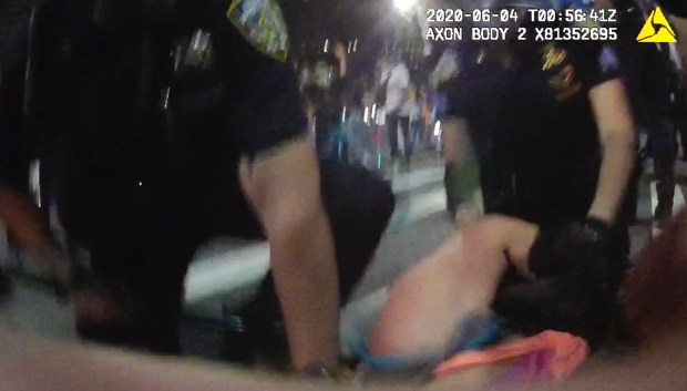 Police body camera footage shows Brigid Pierce being arrested at a protest on June 3, 2020.