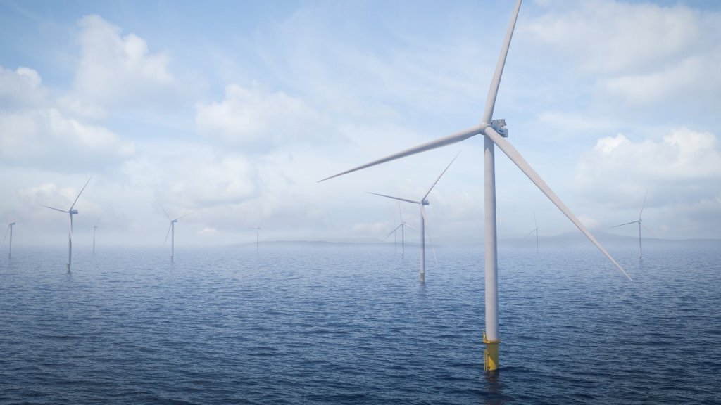 Illustration of multiple wind turbines in a wind farm at sea.