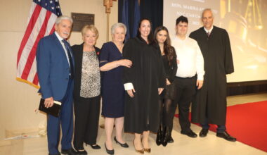 Hon. Marisa Arrabito alongside her family and Hon. Kenneth Sherman. Brooklyn Eagle photo by Mario Belluomo