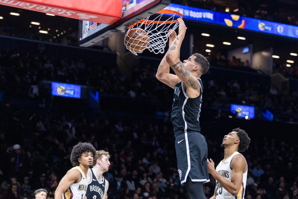 Michael Porter Jr. #17 of the Brooklyn Nets slams the ball during the second half at Barclays Center.