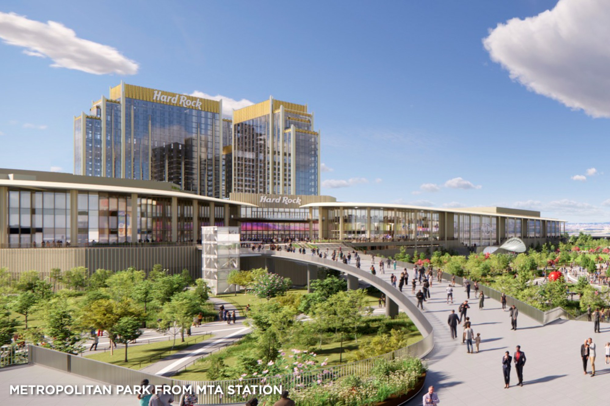 A rendering shows a planned pedestrian path leading from the 7 train to the Metropolitan Park resort and casino.