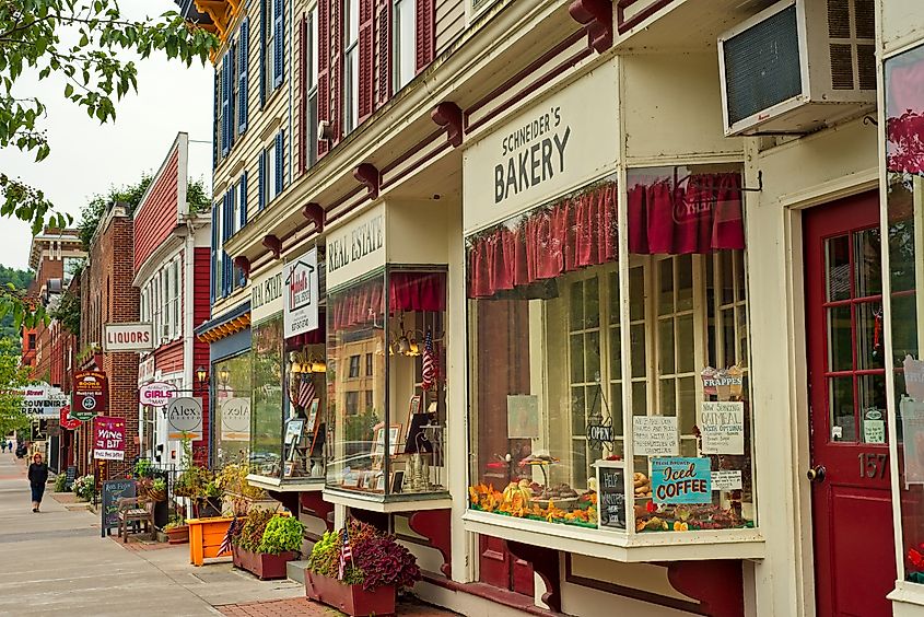 Shops viewed from the sidewalk in Cooperstown, New York. 