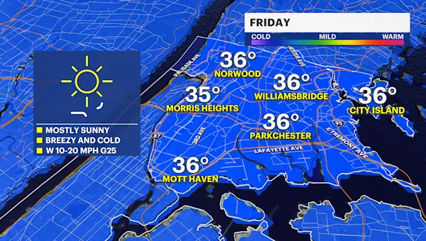Breezy winds under sunny skies for Friday in The Bronx; chance of weekend snow