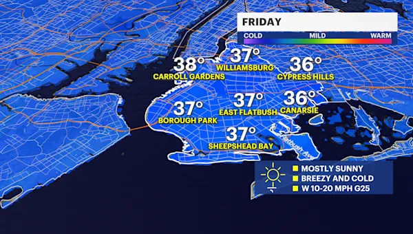 Breezy winds under sunny skies for Friday in Brooklyn; chance of weekend snow