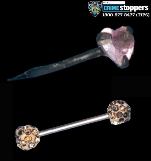 In hopes of identifying human remains, police released an image of a tattoo as well as two pieces of jewlery. The remains were found inside a garbage bag in Queens. (NYPD)