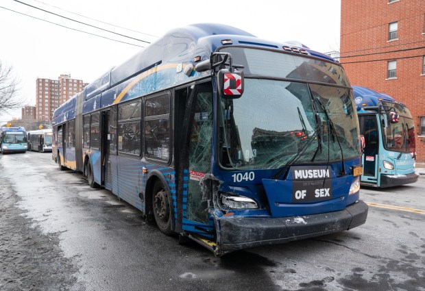 An MTA Bx6 bus lost control in the Bronx, slamming into several vehicles over a five-block stretch before coming to a stop just before a major intersection, Monday, Dec. 15, 2025. 