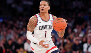 NEW YORK, NEW YORK - DECEMBER 09: Solo Ball #1 of the UConn Huskies drives the ball during the game against the Florida Gators at Madison Square Garden on December 09, 2025 in New York City. (Photo by Evan Bernstein/Getty Images)