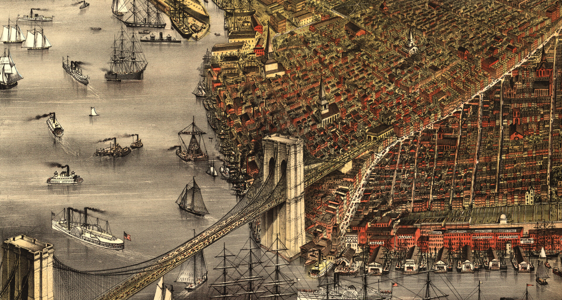 print of the brooklyn waterfront and the brooklyn bridge