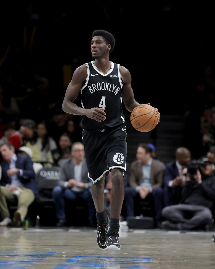 Brooklyn Nets guard Drake Powell (4) brings the ball up court against the Charlotte Hornets during the third quarter at Barclays Center. 