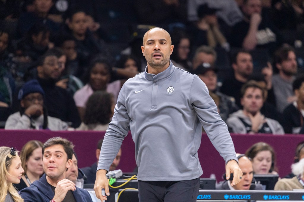 Jordi Fernandez of the Brooklyn Nets reacts own the sideline during the first half at Barclays Center, Saturday, Dec. 6, 2025, in Brooklyn, NY. 