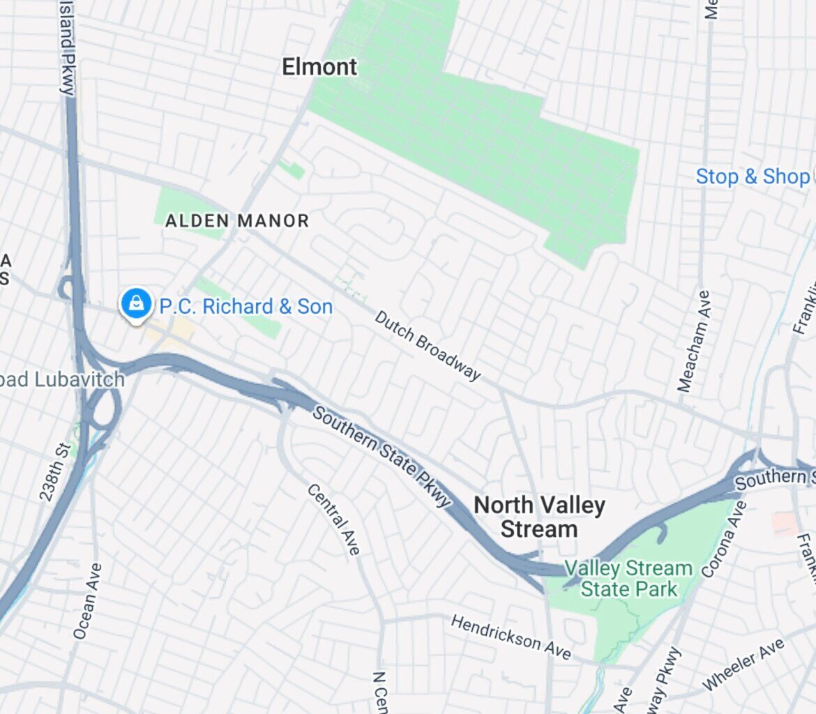 A Google Maps view shows the Southern State Parkway near Exit 13 in North Valley Stream, close to the Elmont border, where a fatal crash was reported early Sunday morning.