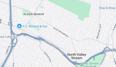 A Google Maps view shows the Southern State Parkway near Exit 13 in North Valley Stream, close to the Elmont border, where a fatal crash was reported early Sunday morning.