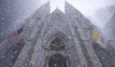 A snowy St. Patrick's Cathedral in Manhattan on Gaudete Sunday 2025.