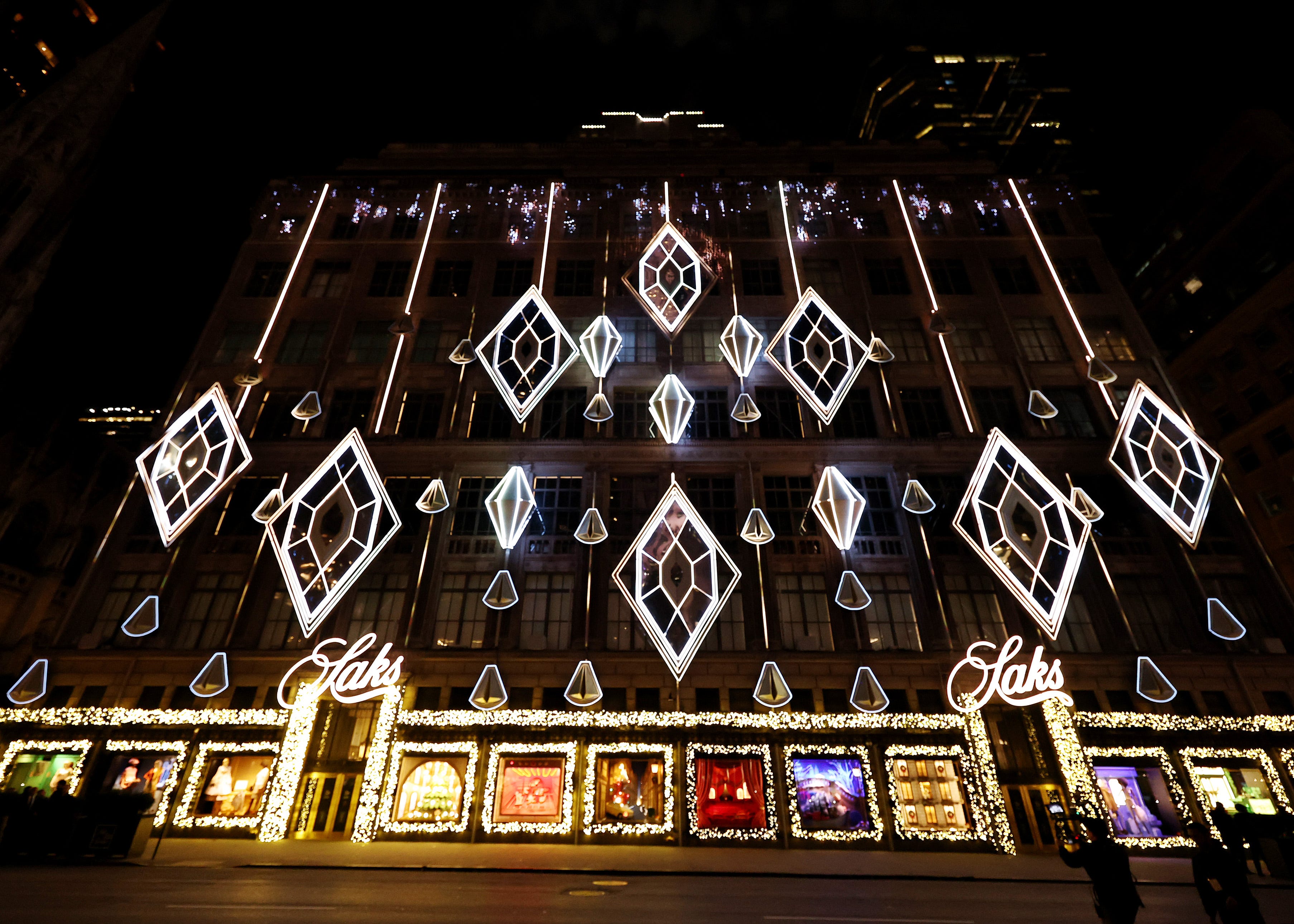 new york, new york november 24: a view of the saks fifth avenue holiday light show window unveiling 2025 on november 24, 2025 in new york city. (photo by jamie mccarthy/getty images for saks fifth avenue )