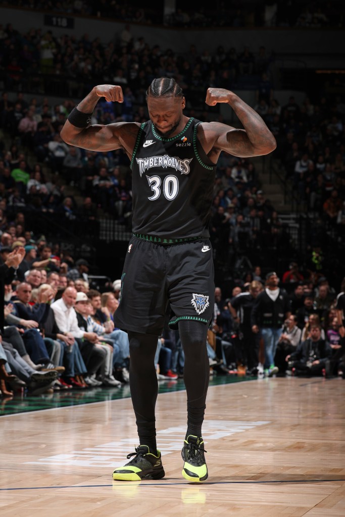Julius Randle #30 of the Minnesota Timberwolves celebrates during the game against the New York Knicks on December 23, 2025 at Target Center in Minneapolis, Minnesota. 