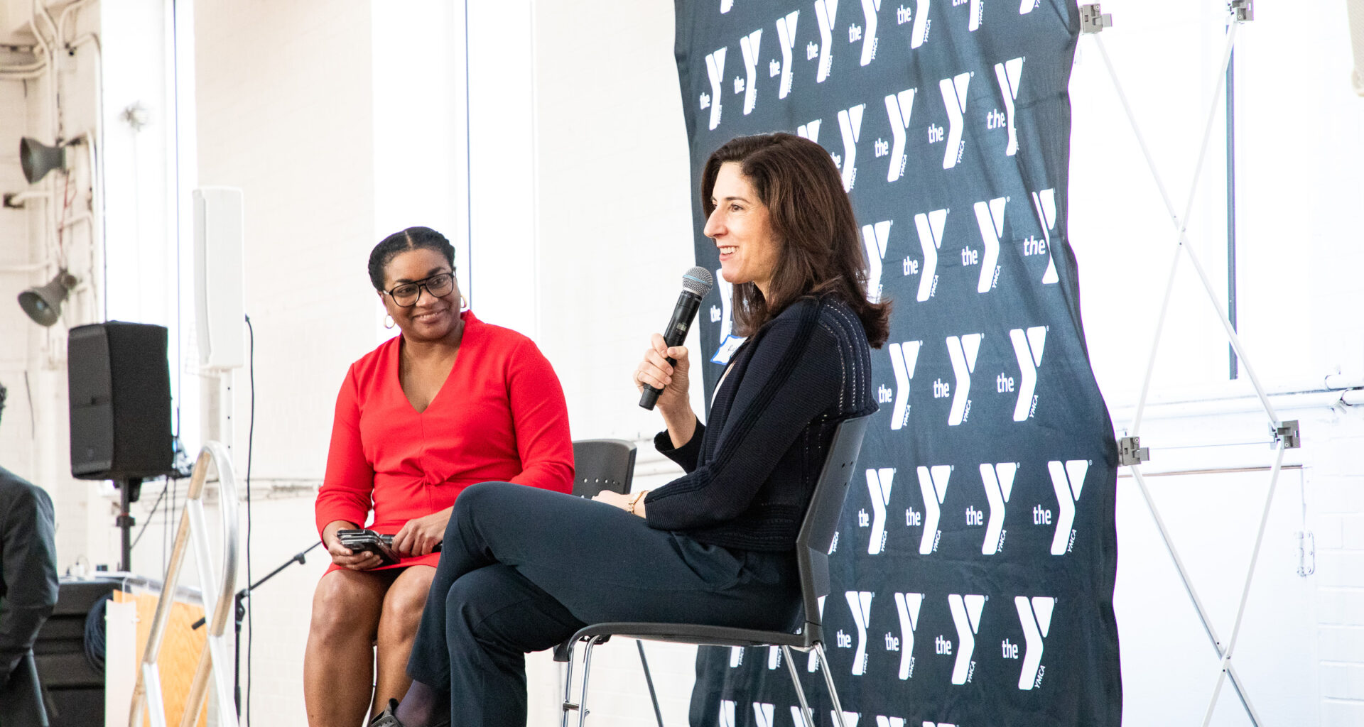 Sonia Atherly, left, and Rana Foroohar lead the Q&A session after Foroohar’s speech. Brooklyn Eagle photo by Julie Thompson
