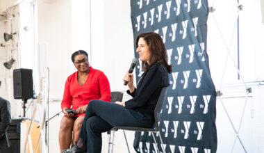 Sonia Atherly, left, and Rana Foroohar lead the Q&A session after Foroohar’s speech. Brooklyn Eagle photo by Julie Thompson