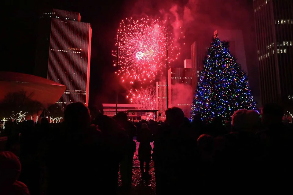 Fireworks light up the sky above the Empire State Plaza during the New York State Tree Lighting and Firework Festival on Sunday in Albany. (Lori Van Buren/Times Union)