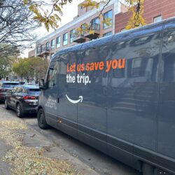 Amazon truck on neighborhood streets in South Slope, Brooklyn. Brooklyn Eagle photo by Joanna Insco