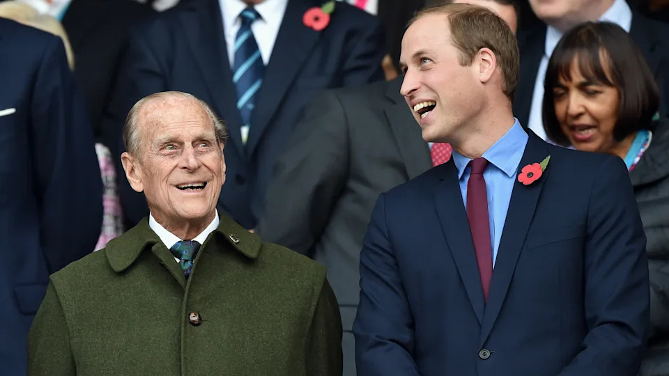 Prince Philip and Prince William laugh as they attend the 2015 Rugby World Cup Final match between New Zealand and Australia 