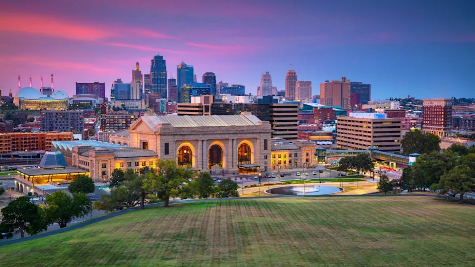 Kansas City, Missouri, USA. Aerial cityscape image of Kansas City skyline at twilight blue hour.