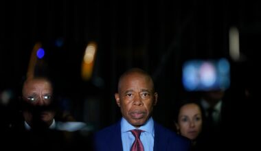 New York City Mayor Eric Adams talks to the press in front of the Basilica of Our Lady of Guadalupe, Oct. 4, 2023, in Mexico City.