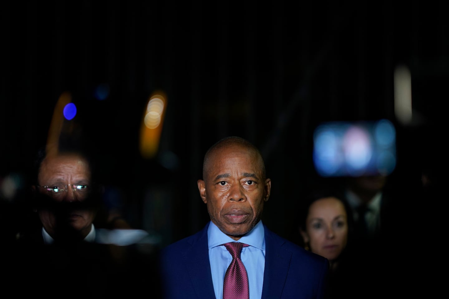 New York City Mayor Eric Adams talks to the press in front of the Basilica of Our Lady of Guadalupe, Oct. 4, 2023, in Mexico City.