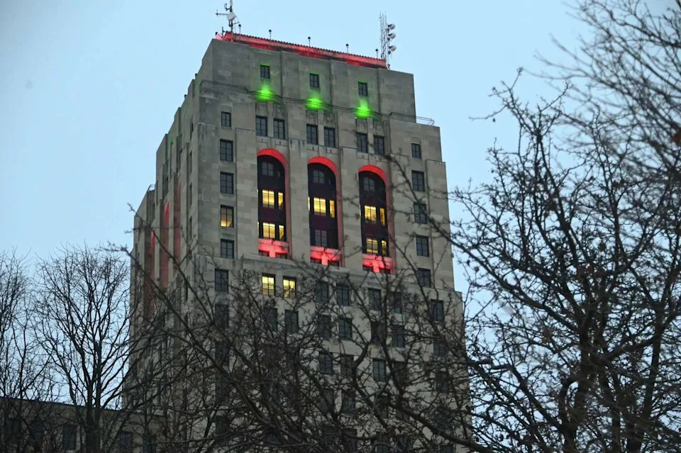 Festive lighting is seen on the Alfred E. Smith State Office Building in Albany on Sunday. (Lori Van Buren/Times Union)