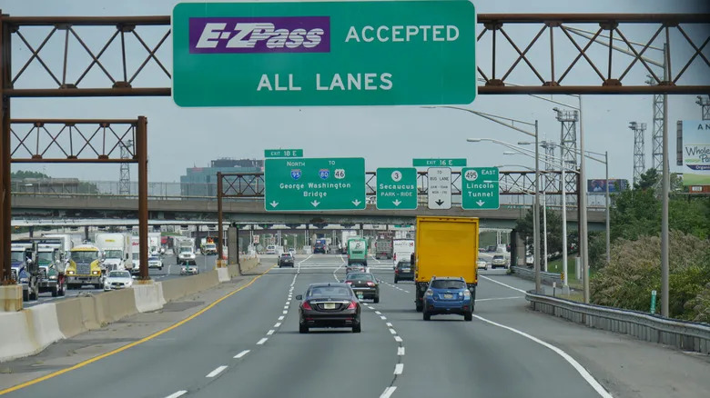 Highway drivers approaching toll bridge in New York