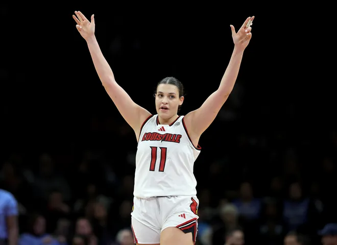 Elif Istanbulluoglu #11 of the Louisville Cardinals celebrates the win over the Tennessee Lady Volunteers during the 2025 Women's Champions Classic at Barclays Center on December 20, 2025 in the Brooklyn borough of New York City.