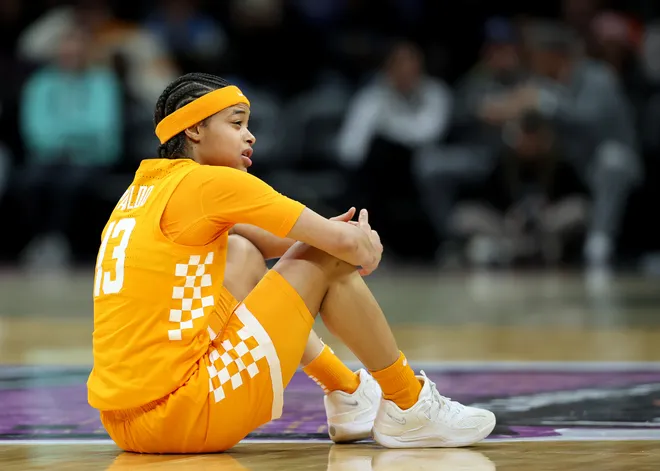 Mia Pauldo #13 of the Tennessee Lady Volunteers reacts in the fourth quarter against the Louisville Cardinals during the 2025 Women's Champions Classic at Barclays Center on December 20, 2025 in the Brooklyn borough of New York City.