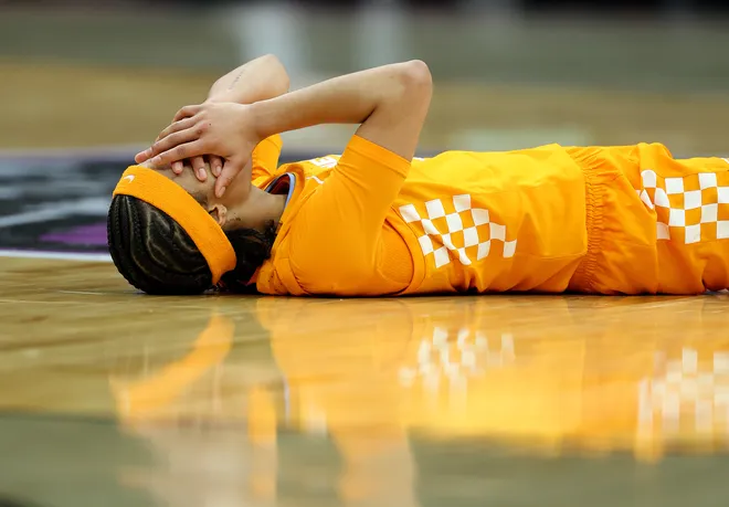 Mia Pauldo #13 of the Tennessee Lady Volunteers reacts in the fourth quarter against the Louisville Cardinals during the 2025 Women's Champions Classic at Barclays Center on December 20, 2025 in the Brooklyn borough of New York City.