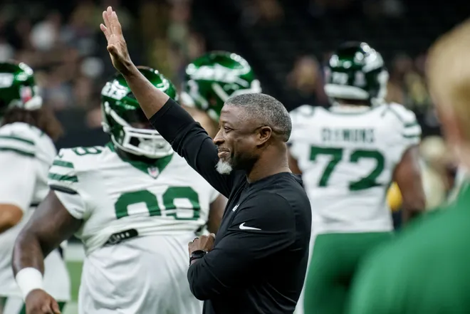 Dec 21, 2025; New Orleans, Louisiana, USA; New York Jets head coach Aaron Glenn is seen before a game against the New Orleans Saints at Caesars Superdome. Mandatory Credit: Matthew Hinton-Imagn Images