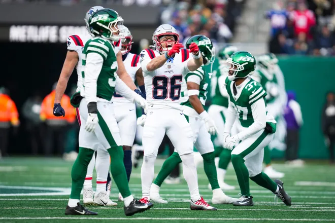 New England Patriots wide receiver Efton Chism III (86) celebrates after a play during a game against the New York Jets at MetLife Stadium, Dec 28, 2025, East Rutherford, NJ, USA.