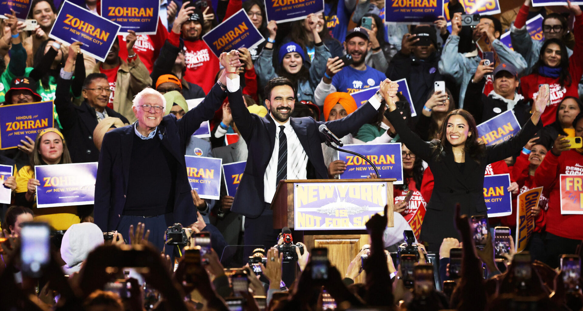 Sen. Bernie Sanders, I-Vt., left, New York City mayoral candidate Zohran Mamdani, center, and Rep. Alexandria Ocasio-Cortez, D-N.Y., appear on stage during a rally, Sunday, Oct. 26, 2025, in New York. Photo: Heather Khalifa/AP