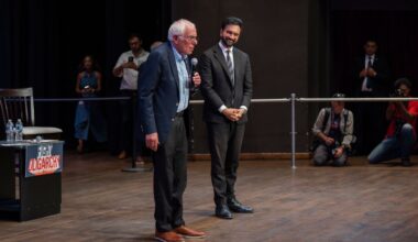 Sen. Bernie Sanders, I-Vt., left, and New York City mayoral candidate Zohran Mamdani speak during a town hall on Saturday, Sept, 6, 2025, in New York. (AP Photo/Olga Fedorova)