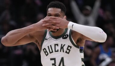 Milwaukee Bucks' Giannis Antetokounmpo reacts during the second half of an NBA basketball game against the New York Knicks Tuesday, Oct. 28, 2025, in Milwaukee. Photo: Morry Gash/AP