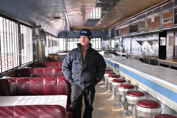 Doug Steiner, owner of Steiner Studios, stands inside the iconic Diner from Williamsburg, Brooklyn that he saved from demolition and brought by crane and flatbed truck to its new home at Steiner Studios, Monday, Dec. 8, 2025, in Brooklyn, where it will function as a permanent set for commercials, photo shoots and television and film production. Photo by Diane Bondareff/AP Content Services for Steiner Studios