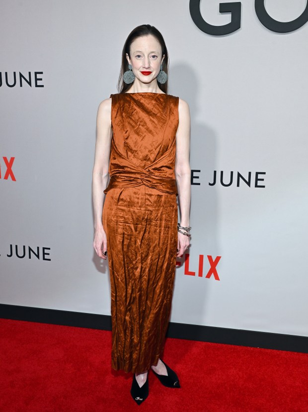 Andrea Riseborough attends the special screening of "Goodbye June" at The Whitby Hotel on Monday, Dec. 8, 2025, in New York. (Photo by Evan Agostini/Invision/AP)