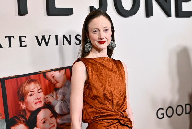 Andrea Riseborough attends the special screening of "Goodbye June" at The Whitby Hotel on Monday, Dec. 8, 2025, in New York. (Photo by Evan Agostini/Invision/AP)