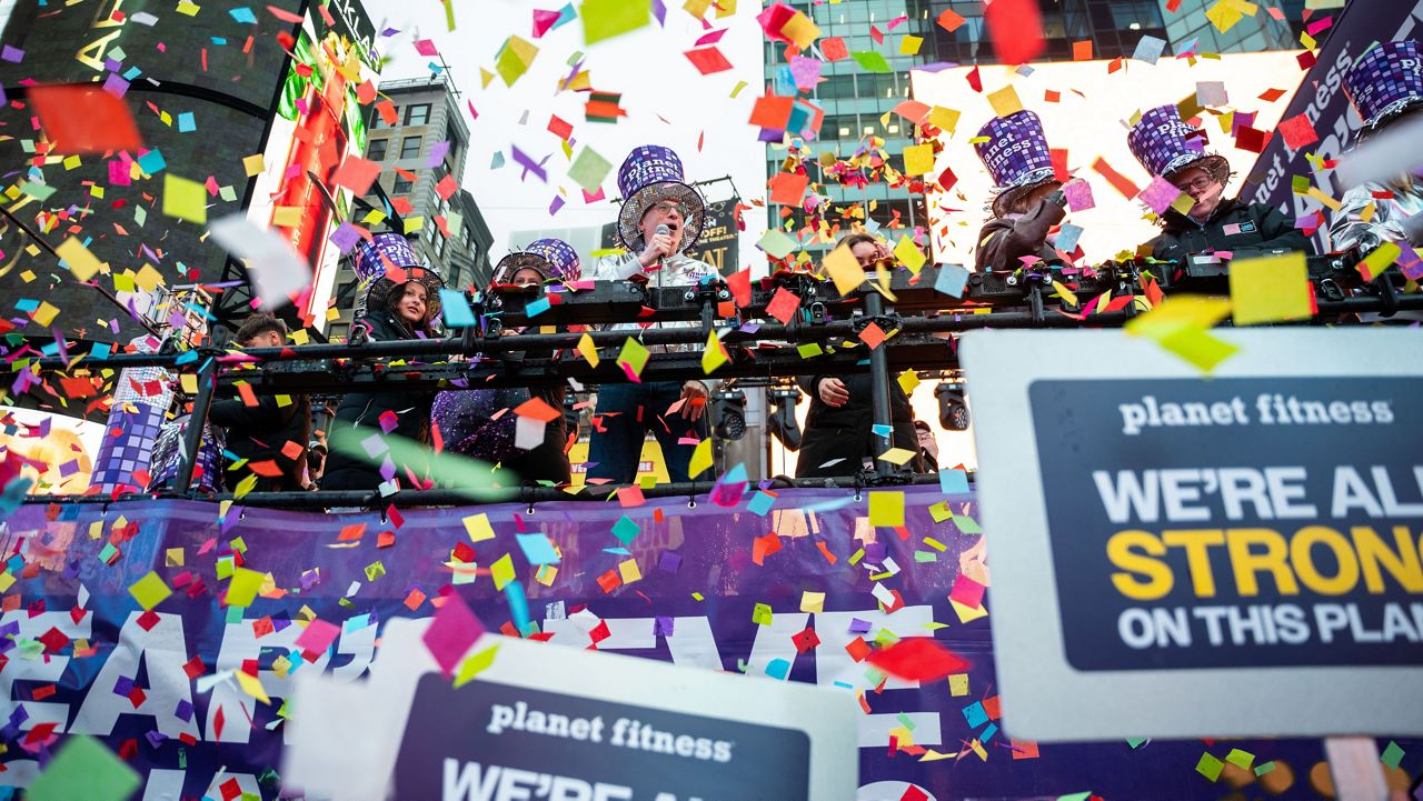 Planet Fitness joined the Times Square Alliance and One Times Square to test the "air worthiness" of confetti on Monday, Dec. 29, 2025 in New York City. (Angelina Katsanis/AP Content Services for Planet Fitness)