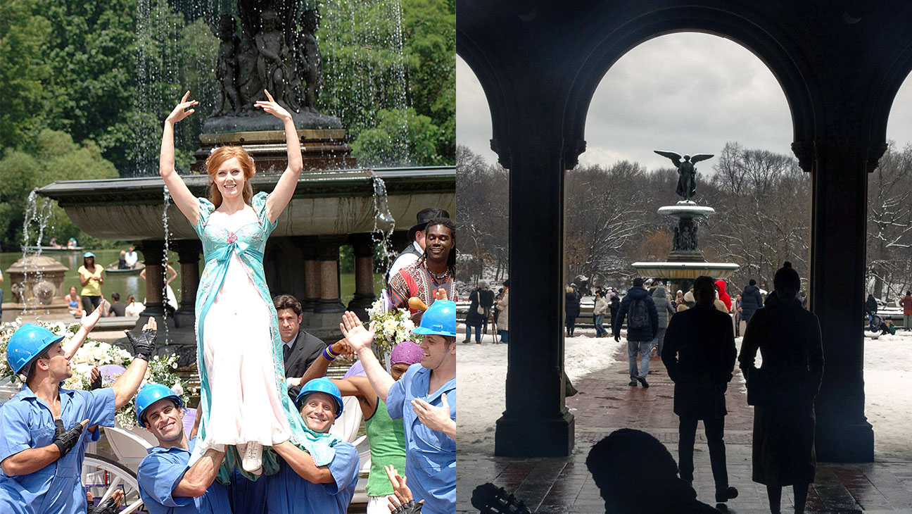 Amy Adams in 'Enchanted' and the Bethesda Fountain in Central Park.