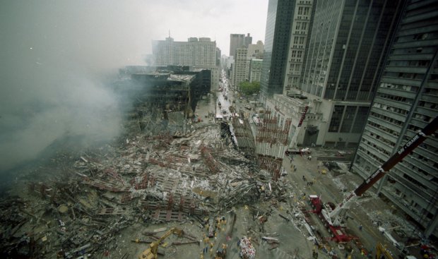 Wreckage is pictured on Sept. 14, 2001 after the terror attacks on the World Trade Center. 