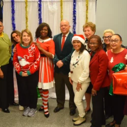 A group of Kings County Supreme Court judges gather during the holiday event. From left: Lisa Lewis, Inga O’Neale, Aaron Maslow, Wavny Toussaint, Anne Swern, Ellen Spodek, Genine Edwards, Francois Rivera, Joanne Quinones, Katherine Levine, Ingrid Joseph, Theresa Ciccotto, Lorna McAllister, Kerry Ward and Edwina Richardson. Brooklyn Eagle photo by Robert Abruzzese